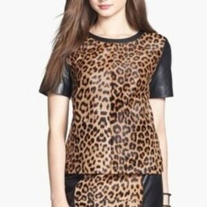 NWT HALOGEN Animal Leopard Fur Leather Top S